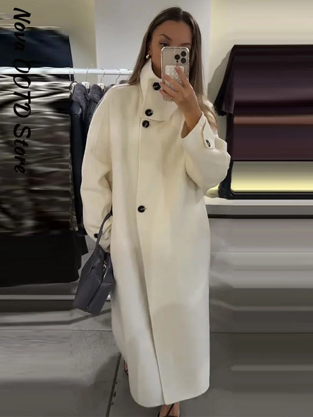 Elegant Stand Collar Overcoat Women Single Breasted Full Sleeve Solid Long Loose Coats 2025 Autumn Winter Chic Warm Lady Outwear