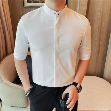 Summer New Standing Collar Half Sleeve Shirts For Men Invisible Button Up Design Slim Casual Business Social Shirt Club Outfits
