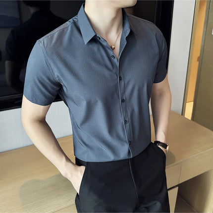 High Quality Ice Silk Elastic Jacquard Shirts 2024 Summer New Men Casual Short Sleeved Slim Fit Business Versatile Shirt 4XL-M