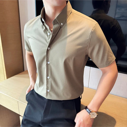 Plus Size 4XL-M High Quality Bamboo Fiber Fabric Dark Stripes Shirts Men Summer Slim Fit Casual Thin Breathable Social Shirt