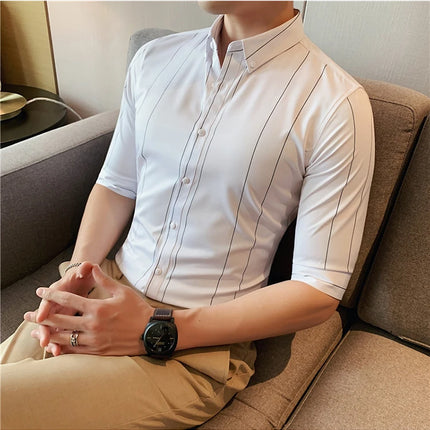 Black/White Summer Half Sleeve Striped Shirts Men 2023 Fashion Business Slim Fit Casual Blouse Social Tuxedos Plus Size 5XL-M