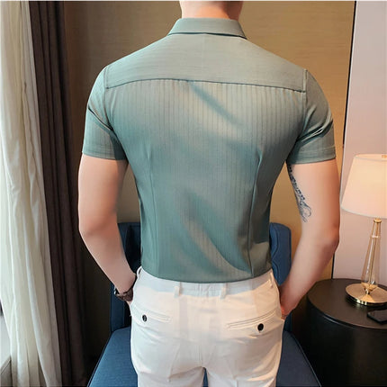 Plus Size 4XL-M Summer Mens Dark Striped Shirts Short Sleeve Fashion 2022 Korean Slim Fit Casual Business Formal Wear Blouse