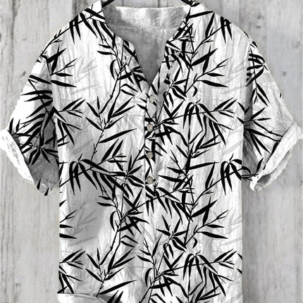 Men's Linen V-neck Shirt Hawaiian Men's T-shirt 2024 New 100% Linen Shirt HD Pattern Plus Size White Crane Landscape Painting