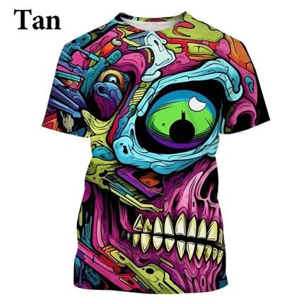 Colorful Street Graffiti Hip Hop Cool Skull 3D Printed Crew Neck T-shirt Personalized Men's Fashion Casual T-shirt Short Sleeve