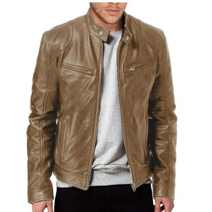 Men's Faux Leather Jacket Autumn Fashion Solid Color Zipper Motorcycle Jacket Men's Casual Long Sleeve Zipper Button Jacket