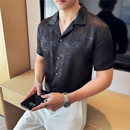 New Chinese Jacquard Shirt Luxury Men Elegant Print Slim Fit Casual Prom Social Shirts High Quality Summer Short Sleeved Tuxedo