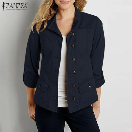 Stylish Spring Jackets Women Vintage OL Coats ZANZA Casual Long Sleeve O-Neck Outwear Solid Buttons Down Coat Female Tops 2024
