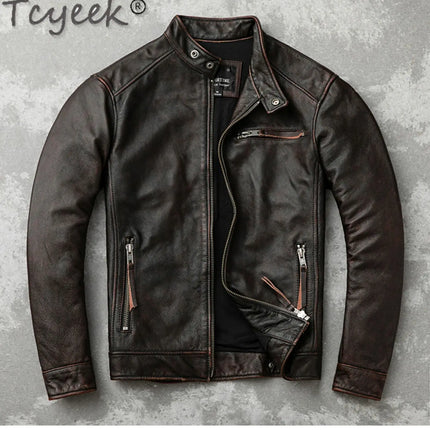 Tcyeek Genuine Leather Jacket for Men Top Layer Cowhide Coats Spring Autumn Vintage Leather Coat Mens Jackets Jaqueta Masculina