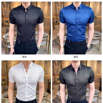 Neckline Embroidery Shirts Men Summer Short Sleeve Slim Fit Casual Shirt Men Solid Color Business Party Dress Shirt Streetwear