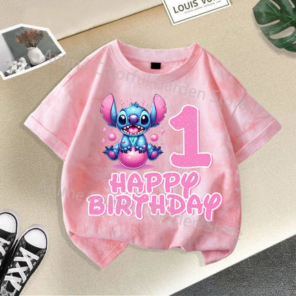 Disney Stitch Tie-dye T-shirts for Children Anime Cartoon Number Printed Short Sleeved Shirt Boys Girls Summer Fashion Top Gifts