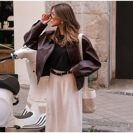 Women Red Wine Leather Short Jackets With Belt Vintage Turndown Collar Long Sleeve Coats 2024 Female Chic Streetwear Cardigan