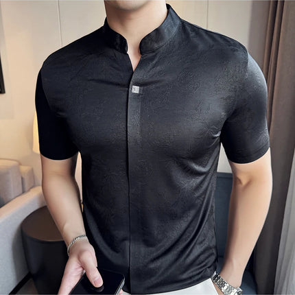New Chinese Style Stand-up Collar Seamless Polo Shirts Summer Fashion Jacquard Short Sleeve Slim Elasticity Breathable T-shirt