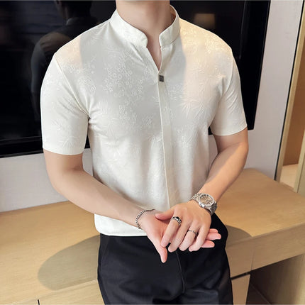 New Chinese Style Stand-up Collar Seamless Polo Shirts Summer Fashion Jacquard Short Sleeve Slim Elasticity Breathable T-shirt