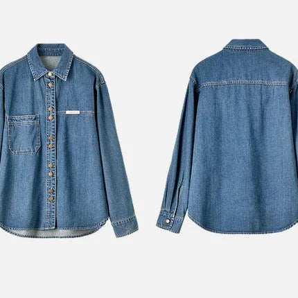 SENTUBILA 100% Cotton Washed Denim Jacket for Women 2025 Spring Retro Loose Patchwork Pockets Leather Logo Coat W43C56148