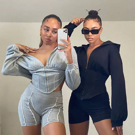 Women's Patchwork Corset Sweatshirt Hoodie Pure Color Corset Top Short Long Sleeve Street Casual 2023 Fall/Winter Jacket