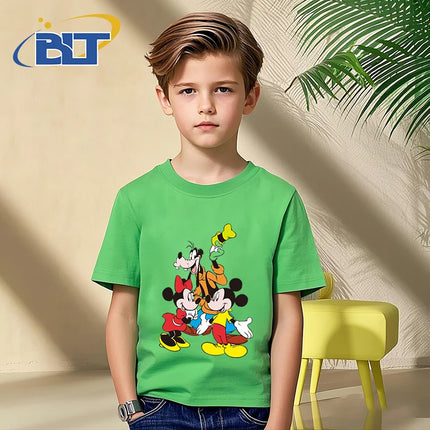 Disney Mickey Mouse and Friends print kids T-shirt pure cotton short-sleeved green top cartoon children's clothing for boys