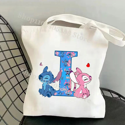 Disney Stitch Fashion Canvas Tote Bag for Women Anime Letter A-Z Printed Shoulder Bag Students Commute Portable Handbags Gifts