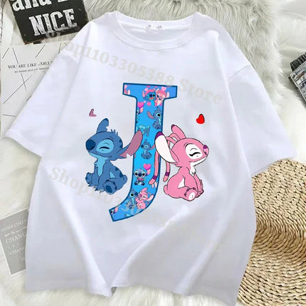 Disney Stitch T-shirts for Women Men Anime Letter A-Z Printed Short Sleeved Shirt Female Male Summer Fashion Top Adults Clothes