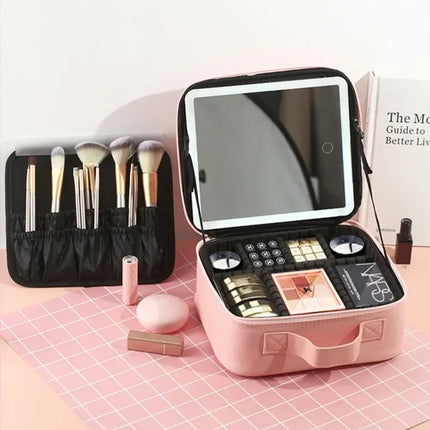 Makeup Organizer with Mirror Light 3 Adjustable Brightness Travel Train Case Cosmetic Bag Portable Storage Partition Waterproof