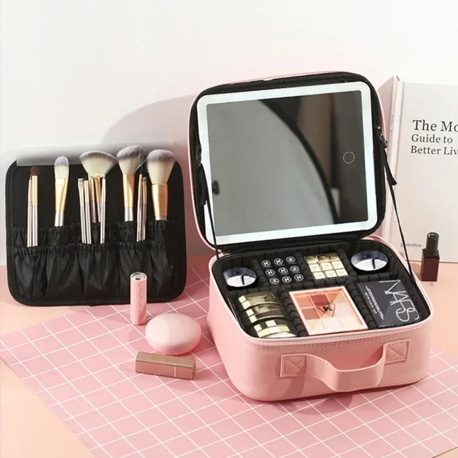 Makeup Organizer with Mirror Light 3 Adjustable Brightness Travel Train Case Cosmetic Bag Portable Storage Partition Waterproof