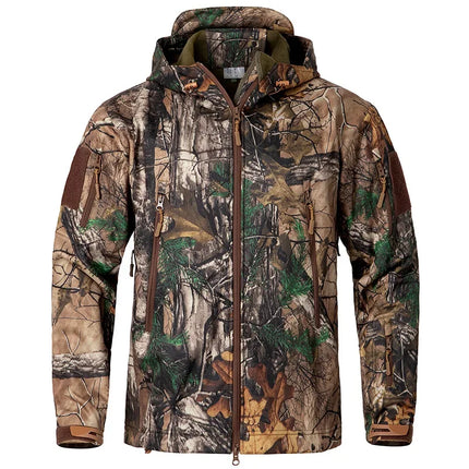 Men's Silent Camouflage Hunting Jacket Waterproof Fleece Tactical Jackets Soft Shell Outdoor Hiking Fishing Hooded Coat