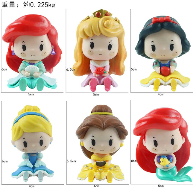 6pcs/set Cute Fairy Tale Princess Snow White Cinderella Bell Ariel Vinyl Figure Model Toys