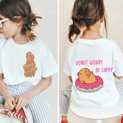 Kawaii Capybara Lovers Kids T-Shirt Short-Sleeved White T-Shirts Cartoon Tees Summer Children Top Crew Neck Children's Clothing