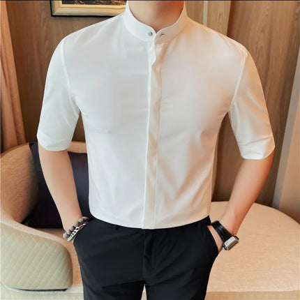 Summer New Standing Collar Half Sleeve Shirts For Men Invisible Button Up Design Slim Casual Business Social Shirt Club Outfits