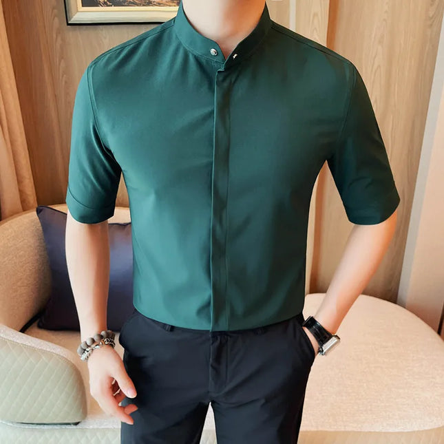Summer New Standing Collar Half Sleeve Shirts For Men Invisible Button Up Design Slim Casual Business Social Shirt Club Outfits