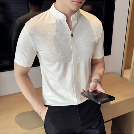 New Chinese Style Stand-up Collar Seamless Polo Shirts Summer Fashion Jacquard Short Sleeve Slim Elasticity Breathable T-shirt