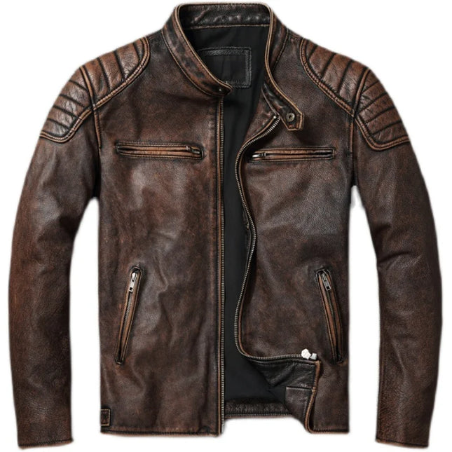 Vintage Black Brown Real Cowhide Genuine Leather Jacket Real Fur Men's Leather Jacket Bomber Men Leather Jacket Motorcycle Coat