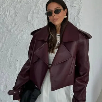 Women Red Wine Leather Short Jackets With Belt Vintage Turndown Collar Long Sleeve Coats 2024 Female Chic Streetwear Cardigan