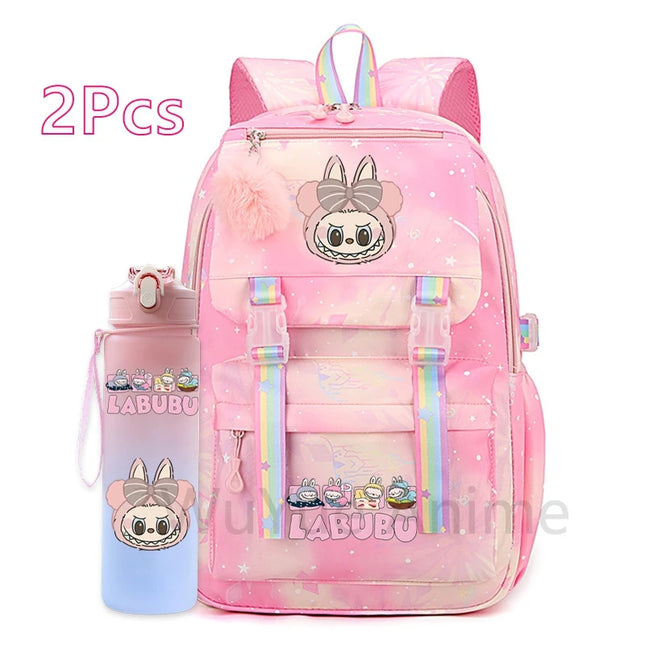 2Pcs/set Cute Cartoon Backpack with 750Ml Outdoor Sports Water Bottle Student Girl Boy Schoolbag Large Capacity Travel Bag Gift