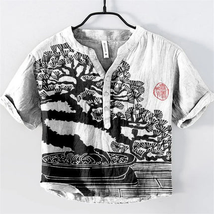Bamboo Linen Hawaiian Shirt Tropical Style 3D Digital Printing Pine Tree Pattern Men's Short Sleeve Stand Collar Shirt