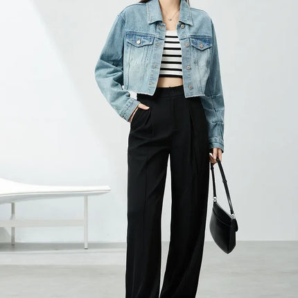 SENTUBILA 100% Cotton Washed Denim Jackets for Women 2025 Spring Casual Loose Turn Down Collar Fashion Short Jacket W41W54341