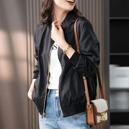 Baseball Aviator Coat Woman Zip-up Black Spring Autumn Plain Bomber Jacket for Women 2025 Trend Fashion High Quality Long Sleeve