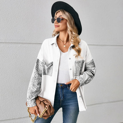 Washed Denim Jacket For Women Blouse Tops Long Sleeve Leopard Print Lady Shirt Casual Pocket Spring Women's Jean Cardigans