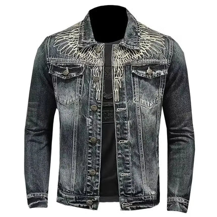 Y2K Retro Denim Jacket High Street Trendy Embroidered Lapel Motorcycle Jacket Loose Casual Fashion Versatile Men's Clothing