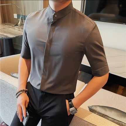 Summer New Standing Collar Half Sleeve Shirts For Men Invisible Button Up Design Slim Casual Business Social Shirt Club Outfits