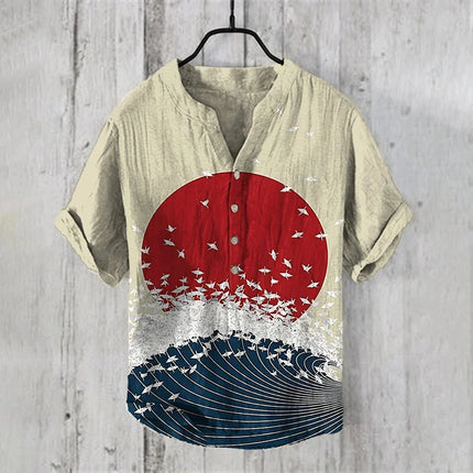New bamboo linen 100% men's short-sleeved casual street beach V-neck short-sleeved shirt New Hawaiian linen shirt hill print shi