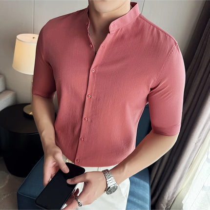 2024 Summer New Chinese Style Linen Shirts Men's Half sleeve Stand-Up Collar Linen Cotton Business Casual Slim Versatile Shirts
