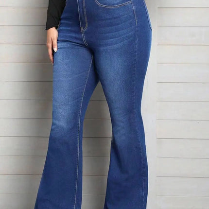 Blue Classic Fashion Flare Pants Comfort Micro Stretch Mid Waist Jeans Women Plus Size Trousers Casual Elastic Gym Sports Pant