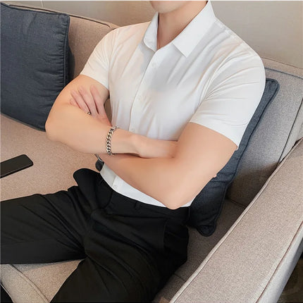 6 Colors Summer Ice Silk No Trace High Elasticity Shirt Men High Quality Short Sleeve Slim Fit Casual Business Dress Shirt 4XL-M