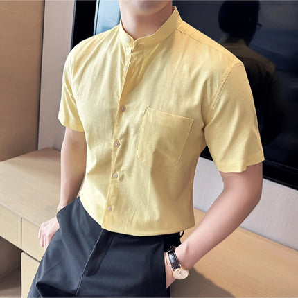 Summer New Chinese Style Linen Cotton Shirts Men's Standing Collar Short Sleeved Thin Breathable Shirt Tops Streetwear 4XL-M