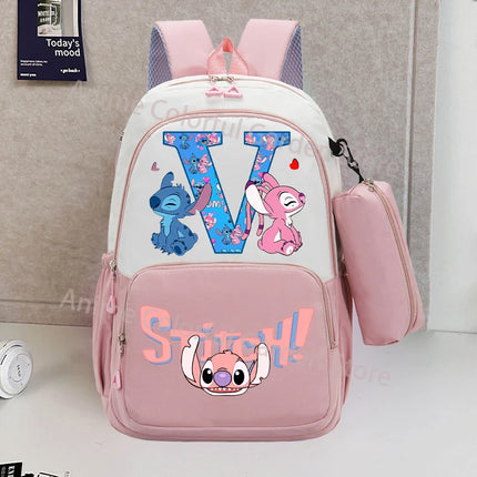 Disney Stitch Backpack with Pencil Bag for Students Anime High-capacity Schoolbag Boys Girls Letter A-Z Printed Backpacks Gifts