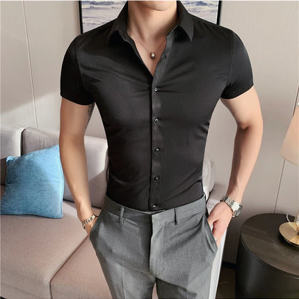 Summer Men Fashion Casual Short Sleeve Solid Shirt Super Slim Fit Male Social Business Dress Shirt Brand Men Casual Dress Blouse