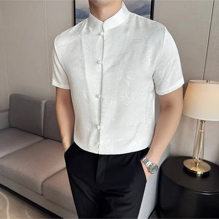 2024 Summer Chinese Style Standing Collar Shirts For Men Fashion Print Short Sleeve Slim Fit Casual Social Party Tuxedo 4XL-M