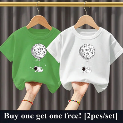 2pcs Boys Cartoon Astronaut  Print T Shirt Set Kids Cotton Short Sleeve Outfit Brother Friend Party Summer Tops 3-14years