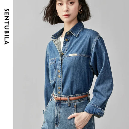 SENTUBILA 100% Cotton Washed Denim Jacket for Women 2025 Spring Retro Loose Patchwork Pockets Leather Logo Coat W43C56148