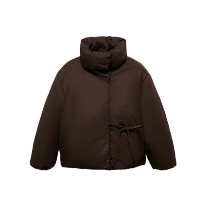 Fashion Lace Up Brown Cotton Jacket Women Loose Stand Collar Full Sleeve Thick Coat 2025 Autumn Winter Lady Warm Street Outwear